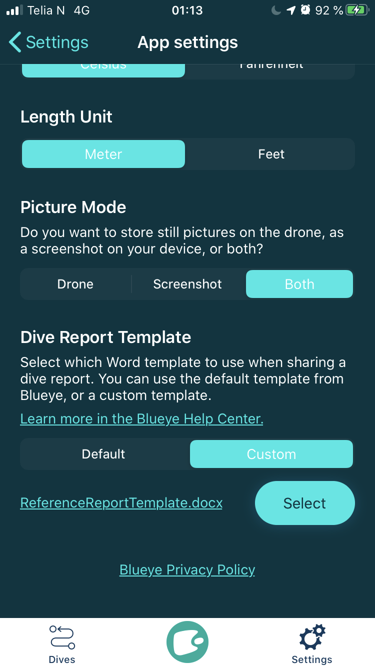 iOS Screenshot of app settings