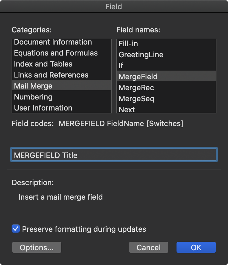 macOS Screenshot showing how to insert a Merge Field in Word