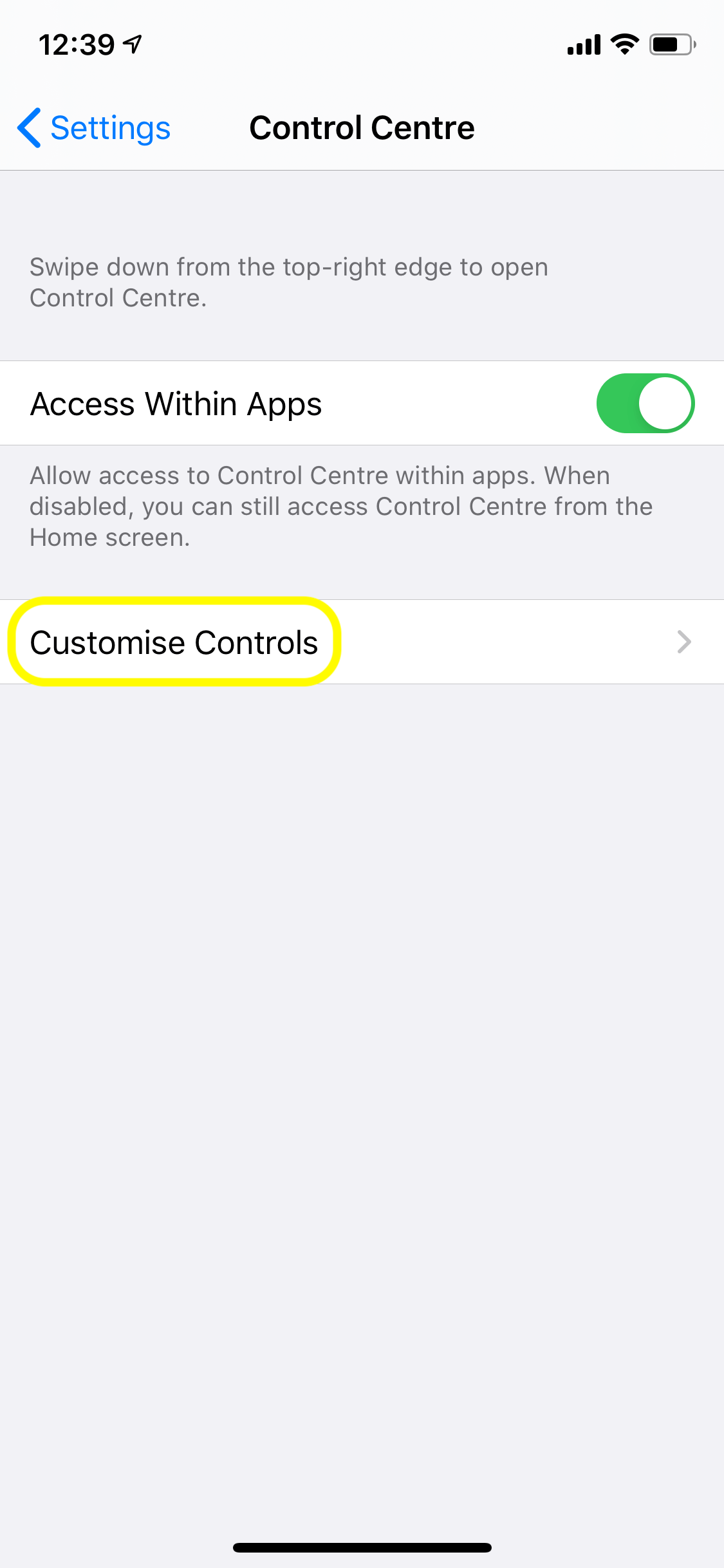 iOS Control Centre Customize Controls screenshot