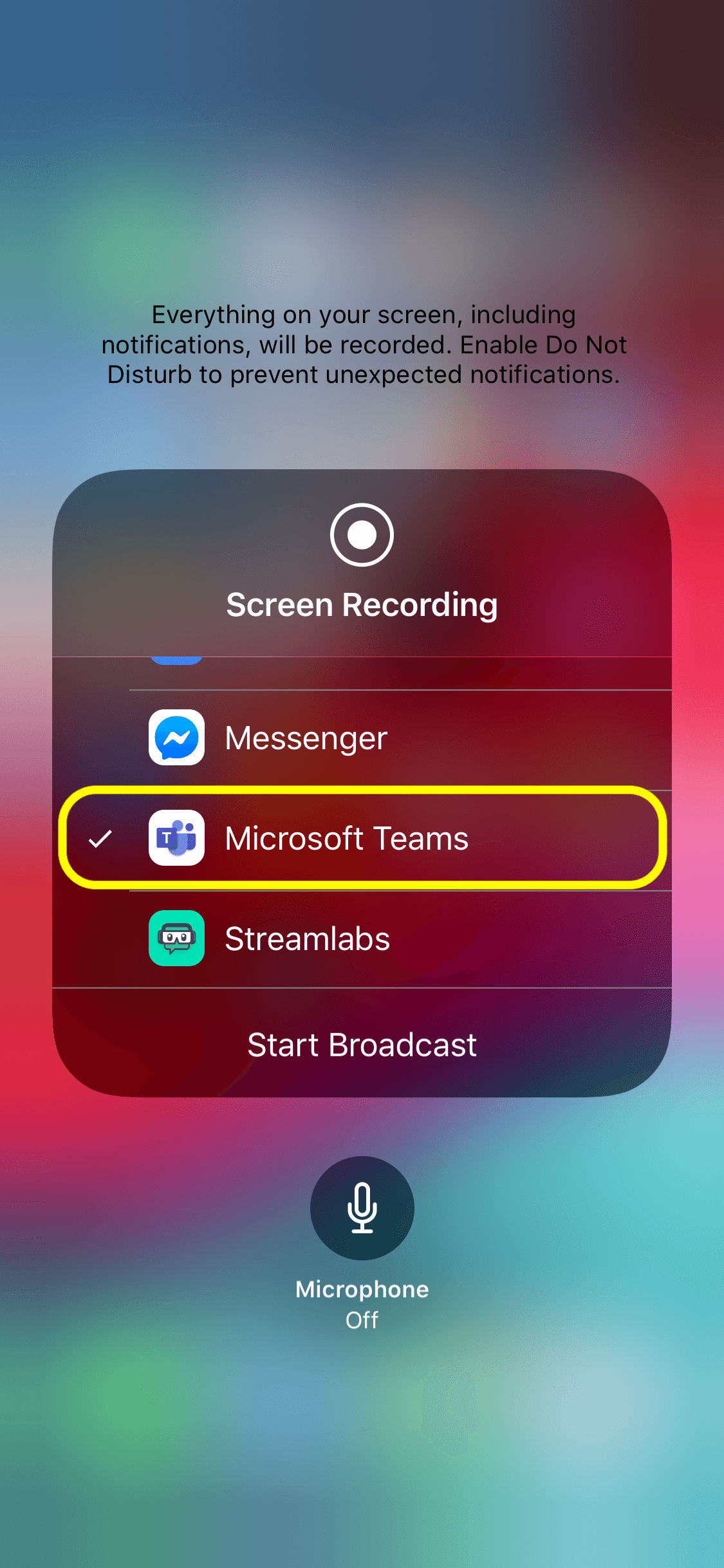 iOS Screen Recording options with Microsoft Teams selected screenshot