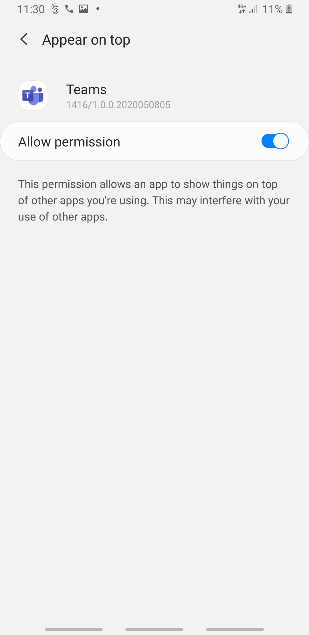 Android screenshot of Appear on top permission request