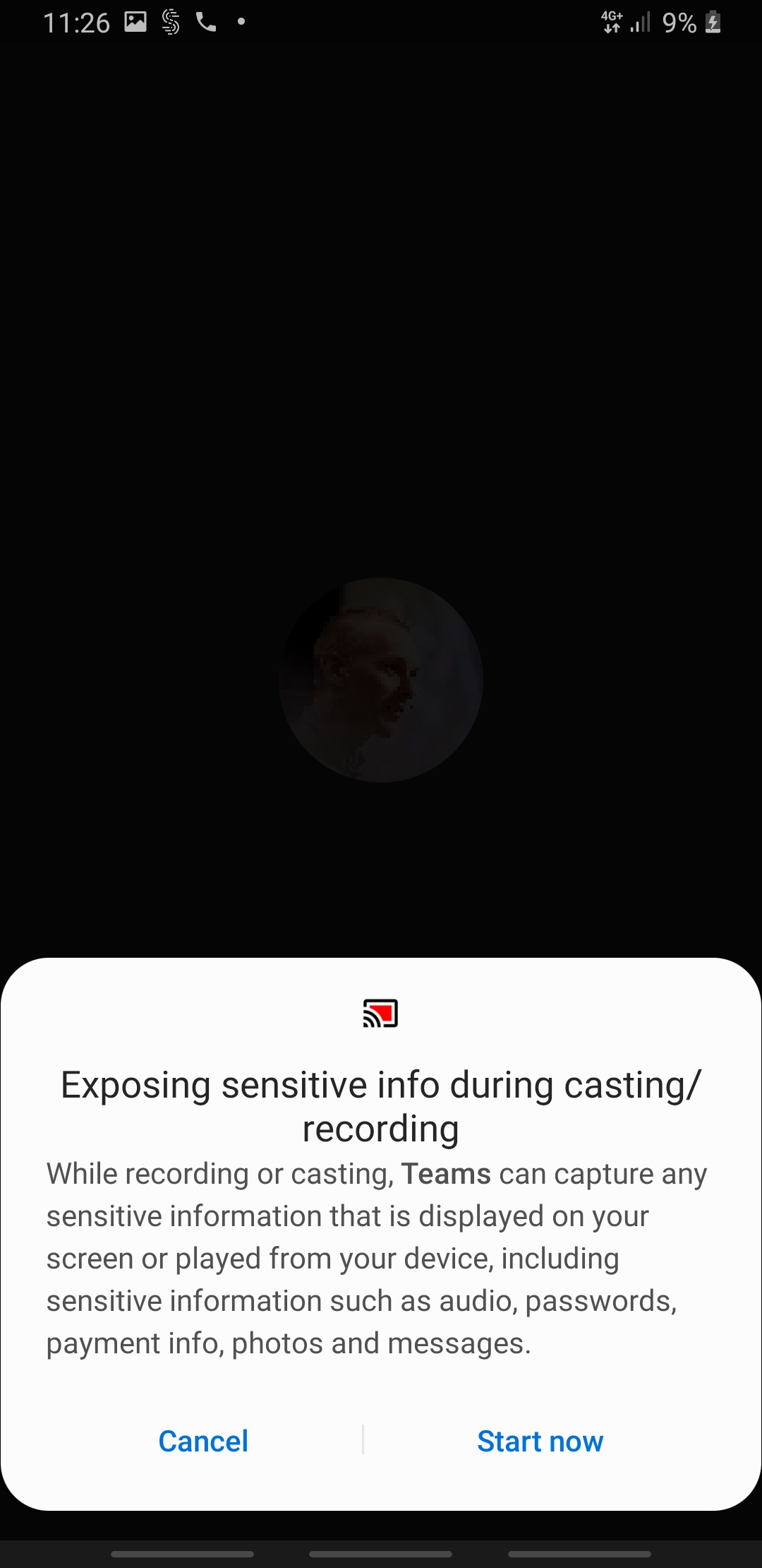 Android screenshot of screen sharing warning