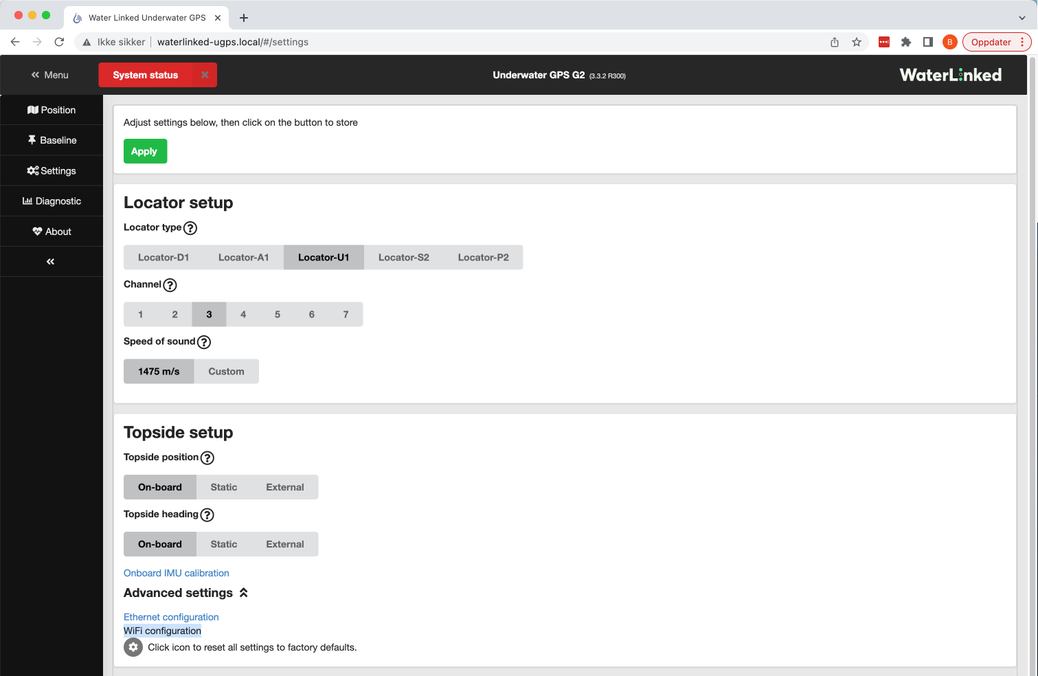 Advanced settings WL UGPS gui